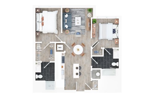 Floor plan for 2 beds, 2 baths, 860 sqft